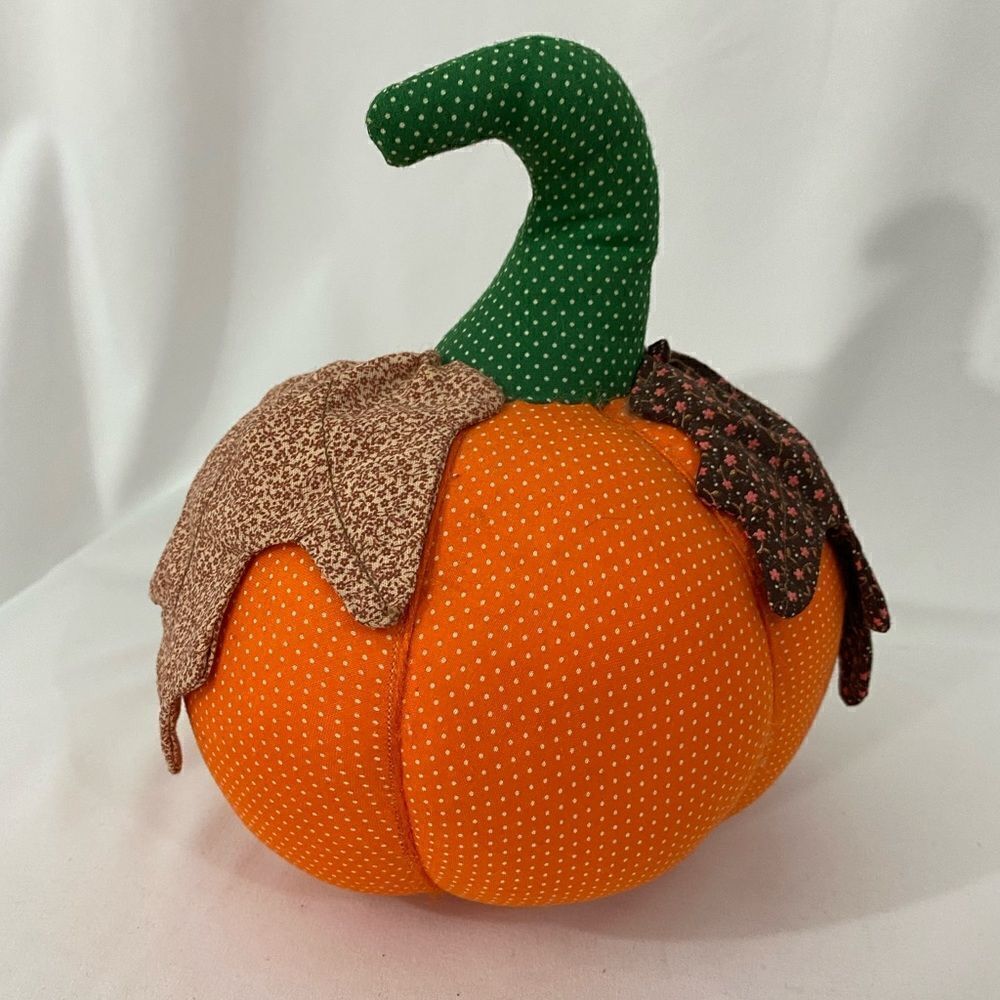 Fabric Orange Pumpkin with Leaf Accents